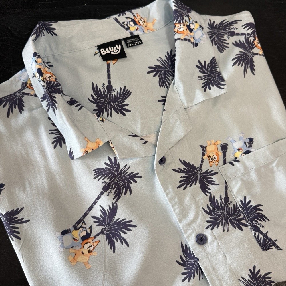 Bluey Cartoon 2XL Light Blue Hawaiian Palm Tree Camp Shirt Dog Graphic Button Up